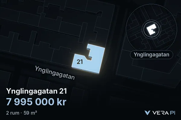 VERA PI:s bild av Ynglingagatan 21: huset i 3D, upplyst i blått, och kartan runt omkring