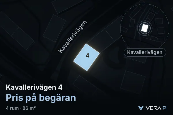 VERA PI:s bild av Kavallerivägen 4: huset i 3D, upplyst i blått, och kartan runt omkring
