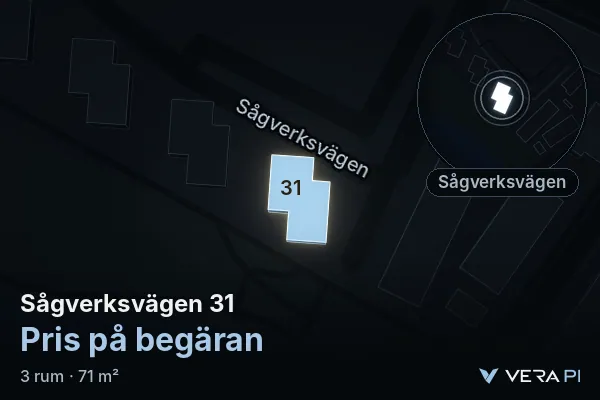 VERA PI's image of Sågverksvägen 31: the building in 3D, lit in blue, and the map around it