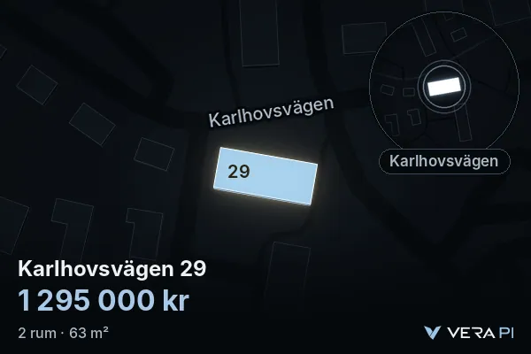 VERA PI:s bild av Karlhovsvägen 29: huset i 3D, upplyst i blått, och kartan runt omkring