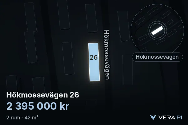 VERA PI's image of Hökmossevägen 26: the building in 3D, lit in blue, and the map around it