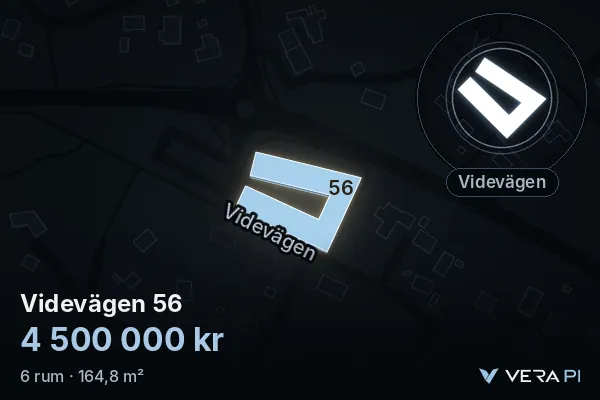 VERA PI's image of Videvägen 56: the building in 3D, lit in blue, and the map around it