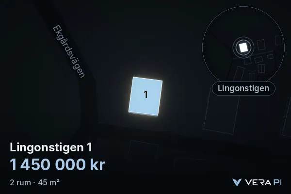 VERA PI's image of Lingonstigen 1: the building in 3D, lit in blue, and the map around it