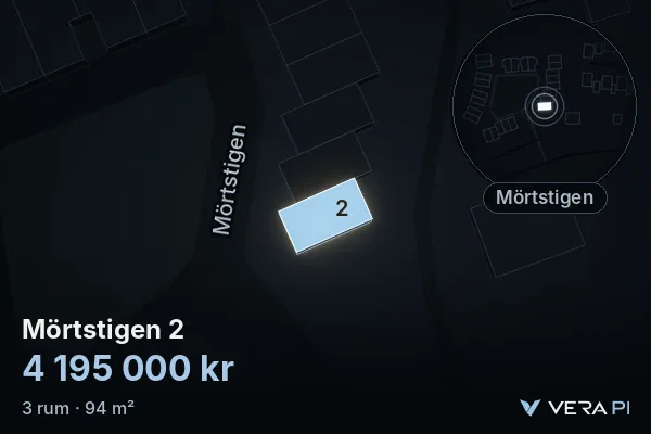 VERA PI's image of Mörtstigen 2: the building in 3D, lit in blue, and the map around it