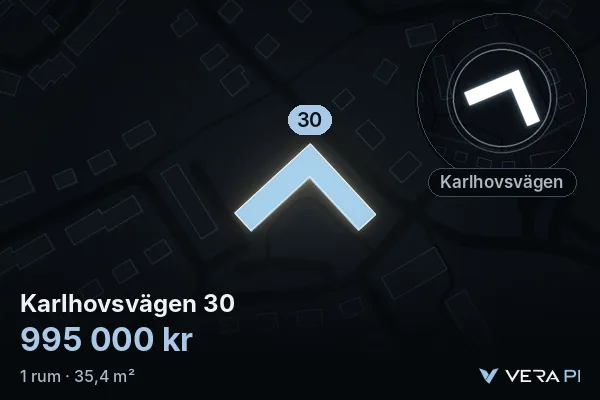 VERA PI:s bild av Karlhovsvägen 30: huset i 3D, upplyst i blått, och kartan runt omkring