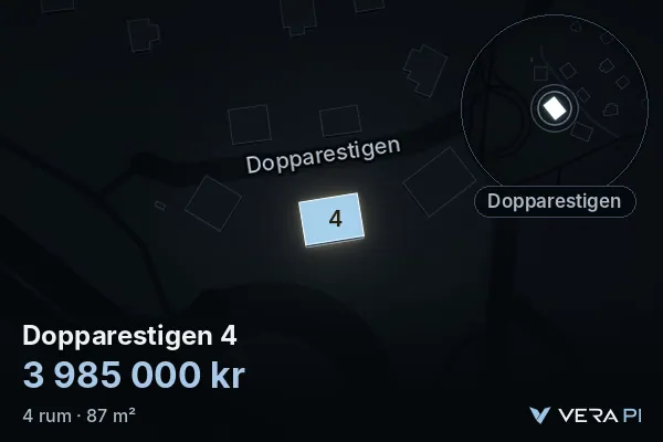 VERA PI:s bild av Dopparestigen 4: huset i 3D, upplyst i blått, och kartan runt omkring