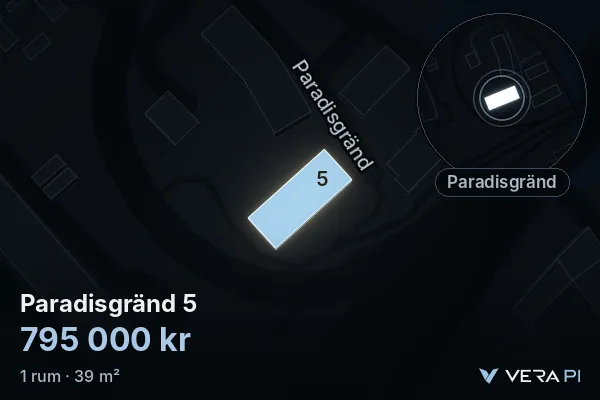 VERA PI's image of Paradisgränd 5: the building in 3D, lit in blue, and the map around it