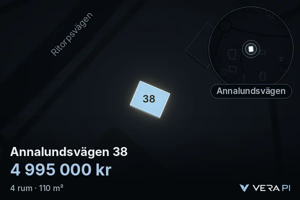 VERA PI's image of Annalundsvägen 38: the building in 3D, lit in blue, and the map around it