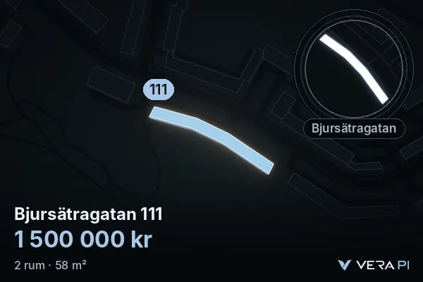 VERA PI's image of Bjursätragatan 111: the building in 3D, lit in blue, and the map around it