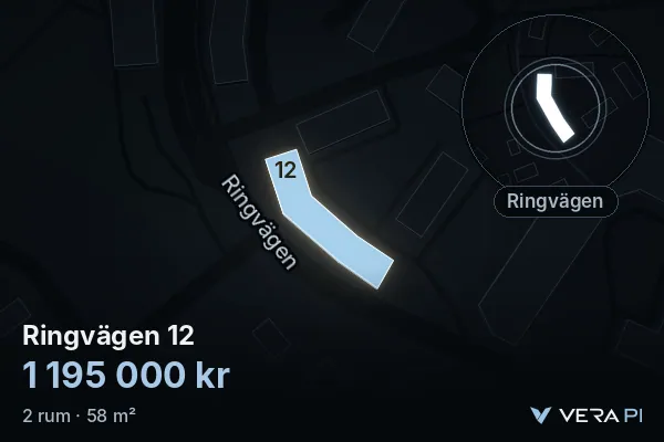 VERA PI:s bild av Ringvägen 12: huset i 3D, upplyst i blått, och kartan runt omkring