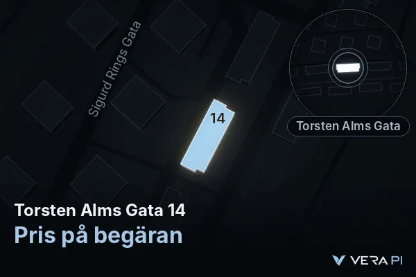VERA PI's image of Torsten Alms Gata 14: the building in 3D, lit in blue, and the map around it