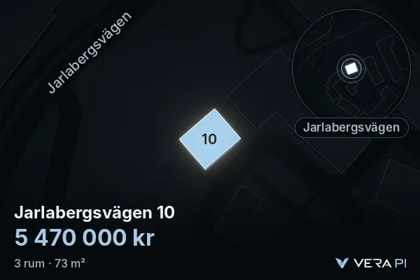 VERA PI:s bild av Jarlabergsvägen 10: huset i 3D, upplyst i blått, och kartan runt omkring