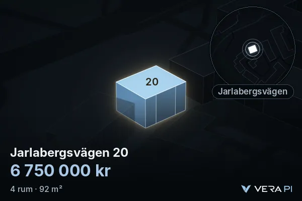 VERA PI:s bild av Jarlabergsvägen 20: huset i 3D, upplyst i blått, och kartan runt omkring