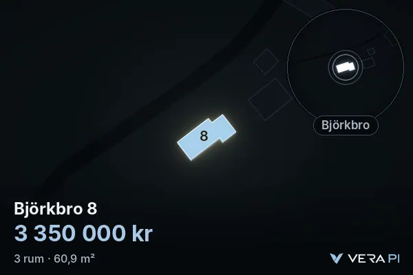 VERA PI's image of Björkbro 8: the building in 3D, lit in blue, and the map around it