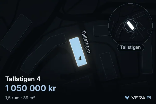 VERA PI's image of Tallstigen 4: the building in 3D, lit in blue, and the map around it