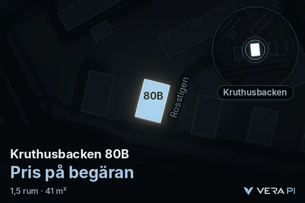 VERA PI:s bild av Kruthusbacken 80B: huset i 3D, upplyst i blått, och kartan runt omkring