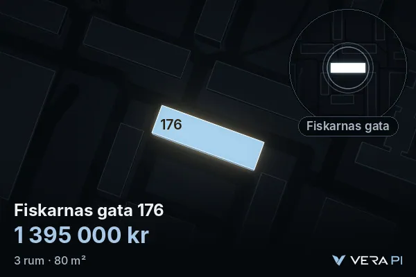 VERA PI's image of Fiskarnas gata 176: the building in 3D, lit in blue, and the map around it