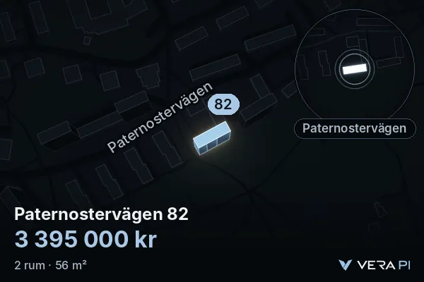 VERA PI:s bild av Paternostervägen 82: huset i 3D, upplyst i blått, och kartan runt omkring