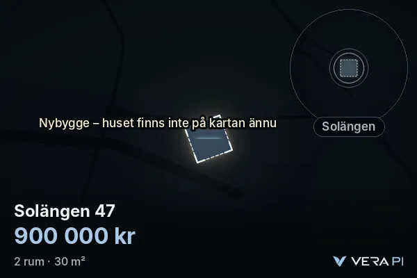 VERA PI's image of Solängen 47: the building in 3D, lit in blue, and the map around it