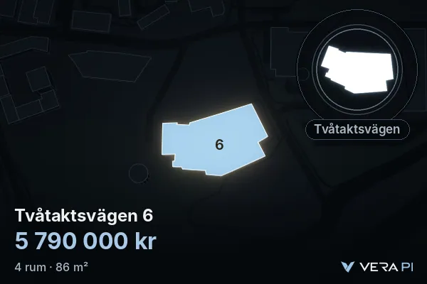 VERA PI:s bild av Tvåtaktsvägen 6: huset i 3D, upplyst i blått, och kartan runt omkring