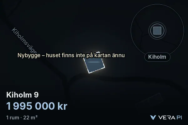 VERA PI:s bild av Kiholm 9: huset i 3D, upplyst i blått, och kartan runt omkring