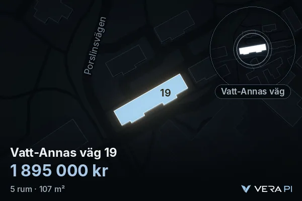 VERA PI:s bild av Vatt-Annas väg 19: huset i 3D, upplyst i blått, och kartan runt omkring