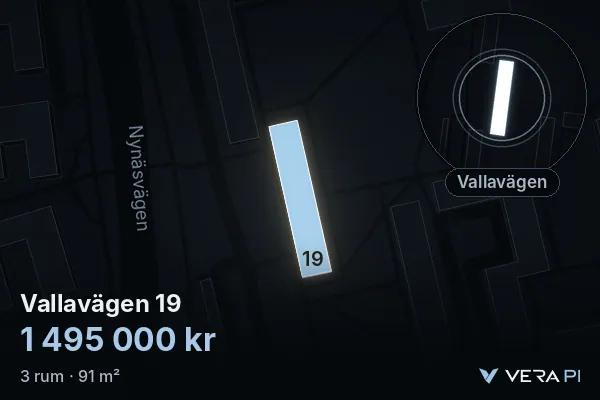 VERA PI:s bild av Vallavägen 19: huset i 3D, upplyst i blått, och kartan runt omkring