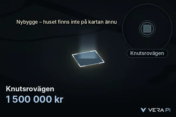 VERA PI:s bild av Knutsrovägen: huset i 3D, upplyst i blått, och kartan runt omkring