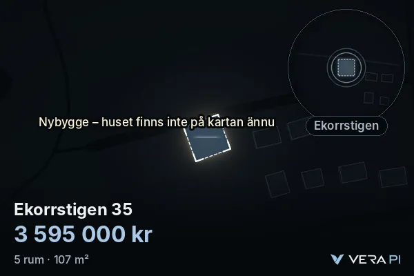 VERA PI's image of Ekorrstigen 35: the building in 3D, lit in blue, and the map around it