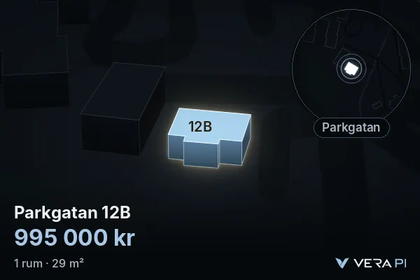 VERA PI:s bild av Parkgatan 12B: huset i 3D, upplyst i blått, och kartan runt omkring