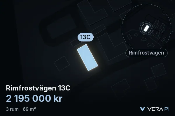 VERA PI:s bild av Rimfrostvägen 13C: huset i 3D, upplyst i blått, och kartan runt omkring