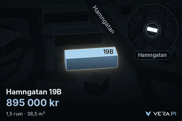 VERA PI's image of Hamngatan 19B: the building in 3D, lit in blue, and the map around it