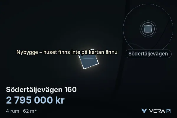 VERA PI:s bild av Södertäljevägen 160: huset i 3D, upplyst i blått, och kartan runt omkring