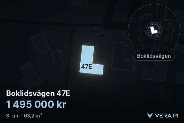 VERA PI's image of Boklidsvägen 47E: the building in 3D, lit in blue, and the map around it