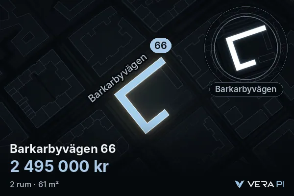 VERA PI's image of Barkarbyvägen 66: the building in 3D, lit in blue, and the map around it