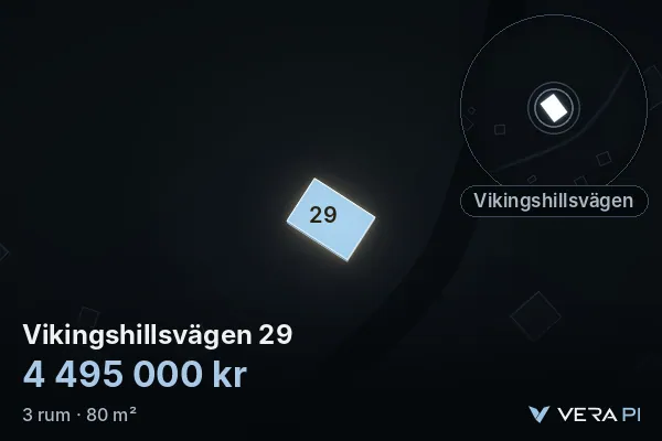 VERA PI:s bild av Vikingshillsvägen 29: huset i 3D, upplyst i blått, och kartan runt omkring