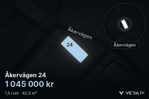 VERA PI's image of Åkervägen 24: the building in 3D, lit in blue, and the map around it