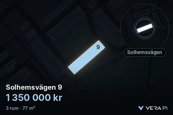 VERA PI's image of Solhemsvägen 9: the building in 3D, lit in blue, and the map around it