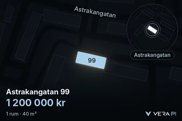 VERA PI:s bild av Astrakangatan 99: huset i 3D, upplyst i blått, och kartan runt omkring