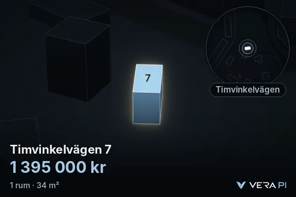 VERA PI's image of Timvinkelvägen 7: the building in 3D, lit in blue, and the map around it