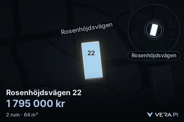 VERA PI's image of Rosenhöjdsvägen 22: the building in 3D, lit in blue, and the map around it