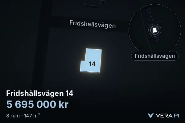 VERA PI's image of Fridshällsvägen 14: the building in 3D, lit in blue, and the map around it