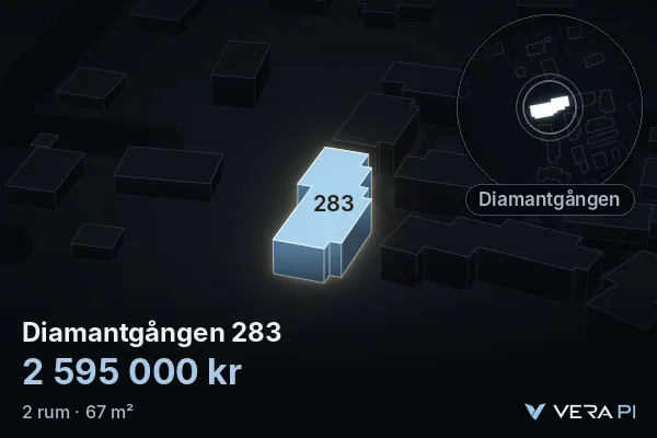 VERA PI:s bild av Diamantgången 283: huset i 3D, upplyst i blått, och kartan runt omkring