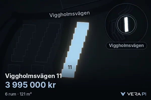VERA PI:s bild av Viggholmsvägen 11: huset i 3D, upplyst i blått, och kartan runt omkring