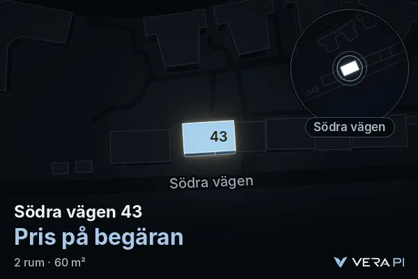 VERA PI:s bild av Södra vägen 43: huset i 3D, upplyst i blått, och kartan runt omkring