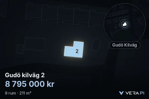 VERA PI:s bild av Gudö kilväg 2: huset i 3D, upplyst i blått, och kartan runt omkring