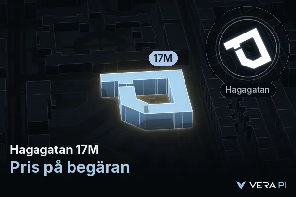 VERA PI:s bild av Hagagatan 17M: huset i 3D, upplyst i blått, och kartan runt omkring