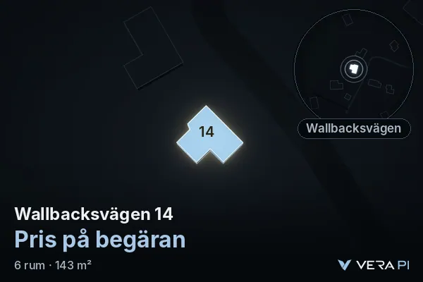 VERA PI:s bild av Wallbacksvägen 14: huset i 3D, upplyst i blått, och kartan runt omkring