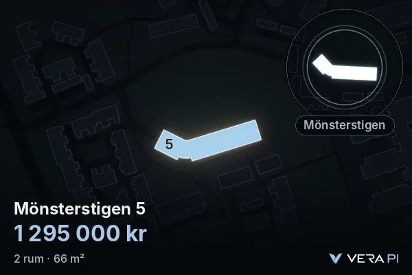 VERA PI's image of Mönsterstigen 5: the building in 3D, lit in blue, and the map around it