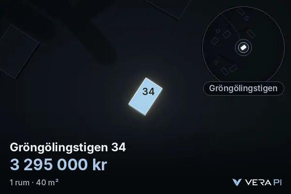 VERA PI's image of Gröngölingstigen 34: the building in 3D, lit in blue, and the map around it